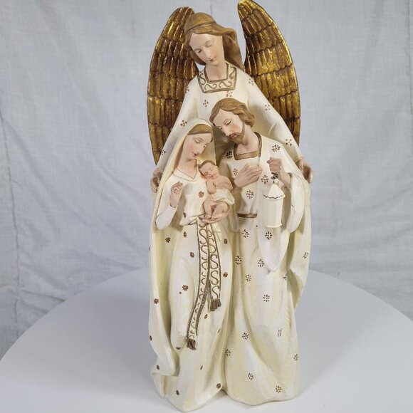 ROMAN INC 2006 12" FIGURINE ANGEL OVER BABY JESUS MARY & JOSEPH HOLDING LANTERN